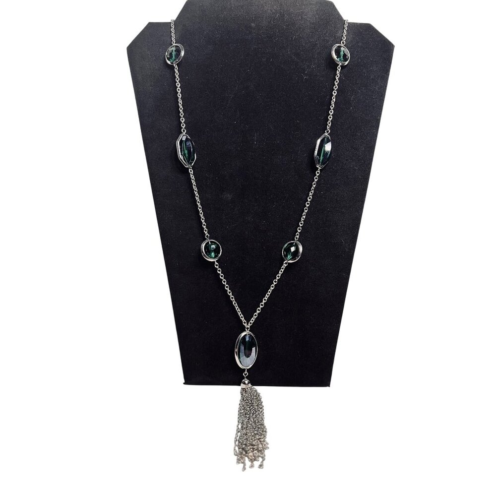 Carol Dauplaise Silver Tone And Green Rhinestone Necklace (6300)
